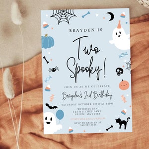 Two Spooky Halloween Ghost 2nd Birthday Party Invitation Editable Cute Boy Ghost 2nd Birthday Spooktacular Birthday Instant Download 481C