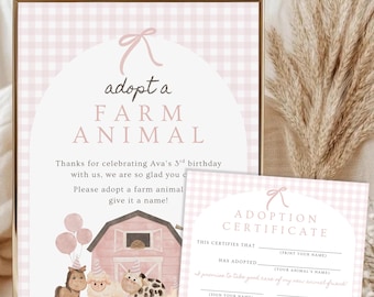 Certificato di adozione di un animale, cartello decorativo per feste in fienile rosa per l'adozione di animali da fattoria, certificato stampabile in cortile rosa scaricabile 027AS
