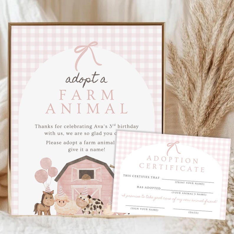 May include: A framed pink and white gingham sign with the text "adopt a FARM ANIMAL". Below the text is a pink barn illustration with farm animals. A matching adoption certificate is on the right.