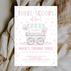 Editable Ice Cream Truck Three Scoops Of Fun 3rd Birthday Party Invitation Ice Cream 3rd Birthday Three Scoops Of Fun Instant Download 550