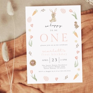 Bunny Birthday Invitation Template, Somebunny is Turning One Editable Invitation, Girl First Birthday Invite, Printable Invite, 024A