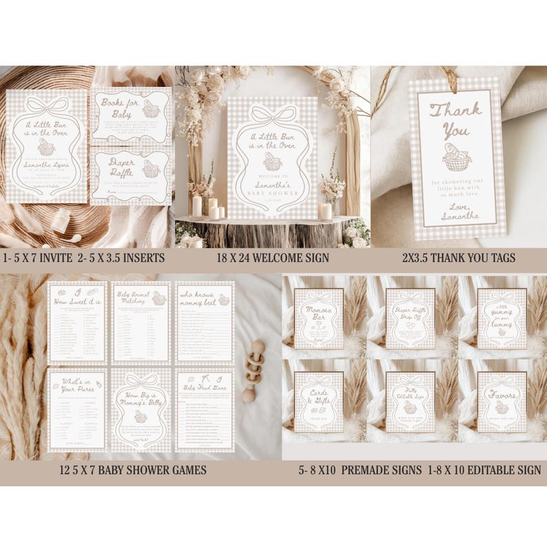 May include: A collection of baby shower stationery in a neutral color palette. Includes invitations, inserts, a welcome sign, thank you tags, games, and premade signs. The designs feature a gingham pattern and the text "A Little Bun is in the Oven."