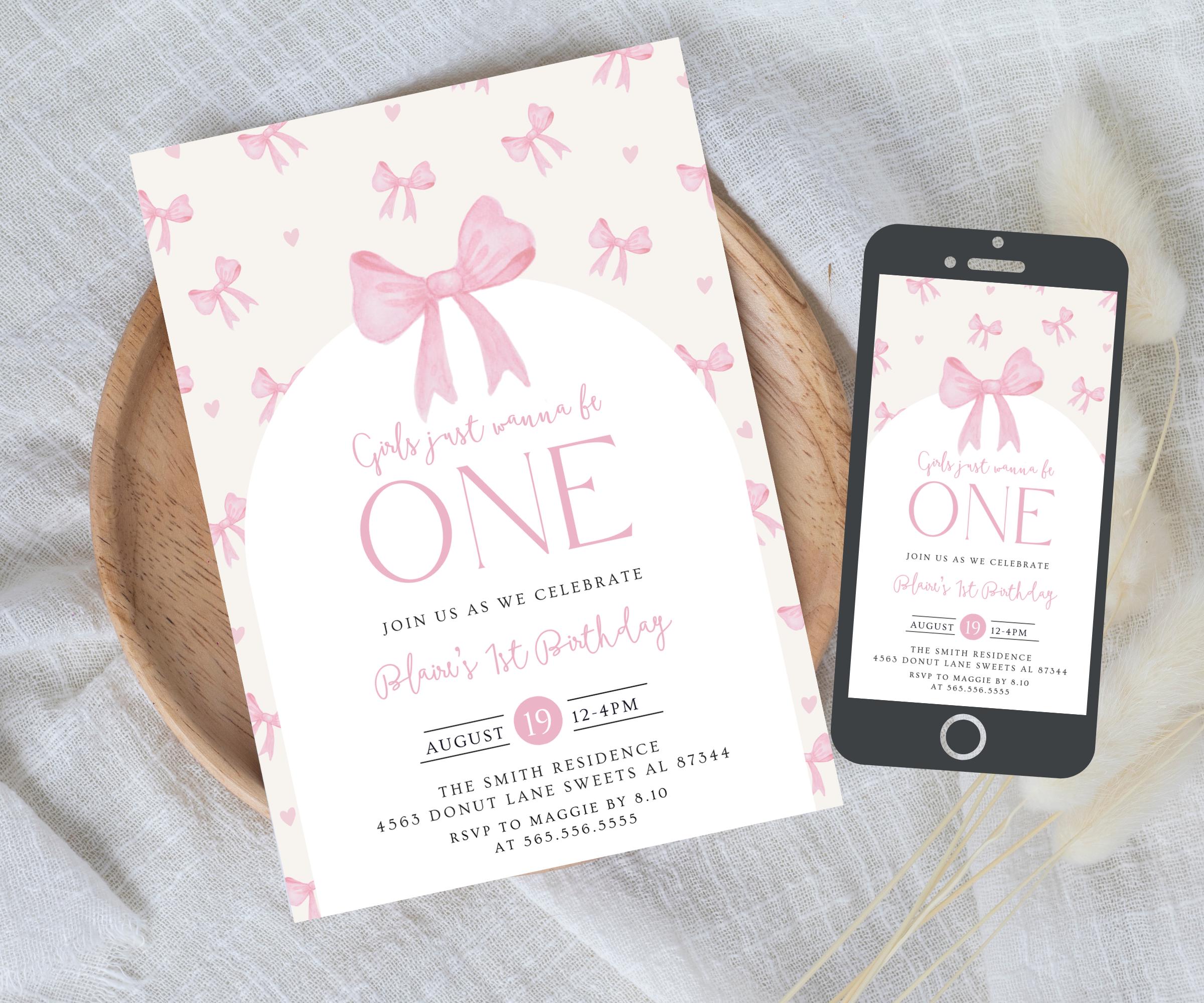 Editable Girls Just Wanna Be One Birthday Invitation Pink Bow 1st Birthday First Preppy Coquette Bow Evite Template Digital Download 526G