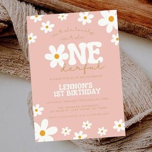 Editable Daisy Birthday Party Invitation Boho Little Miss One-derful 1st Birthday Bohemian Daisy Floral Groovy Party Instant Download  722A