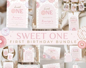 Editable Donut Birthday Invitation Template Printable Sweet One Birthday Bundle Pink Baby Girl First Birthday Invite 1st Donut Grow Up 097A