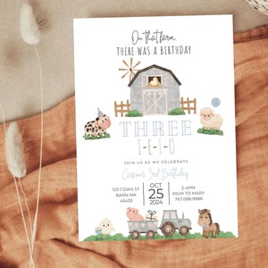Drei-I-E-I-O Geburtstagseinladung, 3. Geburtstag Party-Traktor und Bauernhoftier-Thema, bearbeitbare Canva Vorlage Digitaler Download 096A
