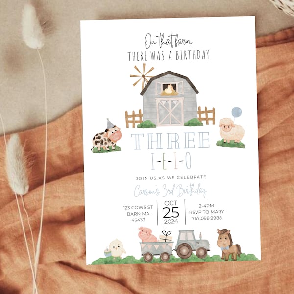 Three-I-E-I-O Birthday Invitation, 3rd Birthday Party Tractor and Farm Animal Theme, Editable Canva Template Digital Download 096A