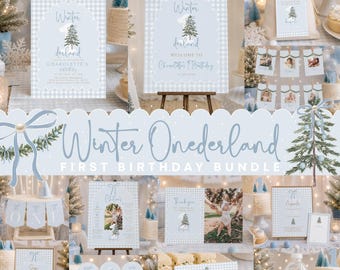 May include: A Winter Onederland first birthday party bundle featuring light blue and white gingham patterns, pine tree illustrations, and decorative bows. The set includes signs, photo banners, favor tags, and cards with text Winter Onederland.