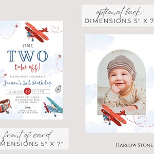 May include: A two-sided birthday invitation with a red and blue airplane theme. The front features text that reads "TIME TWO take off!" and "Jameson's 2nd Birthday." The back has a photo of a baby. Dimensions are 5" x 7".