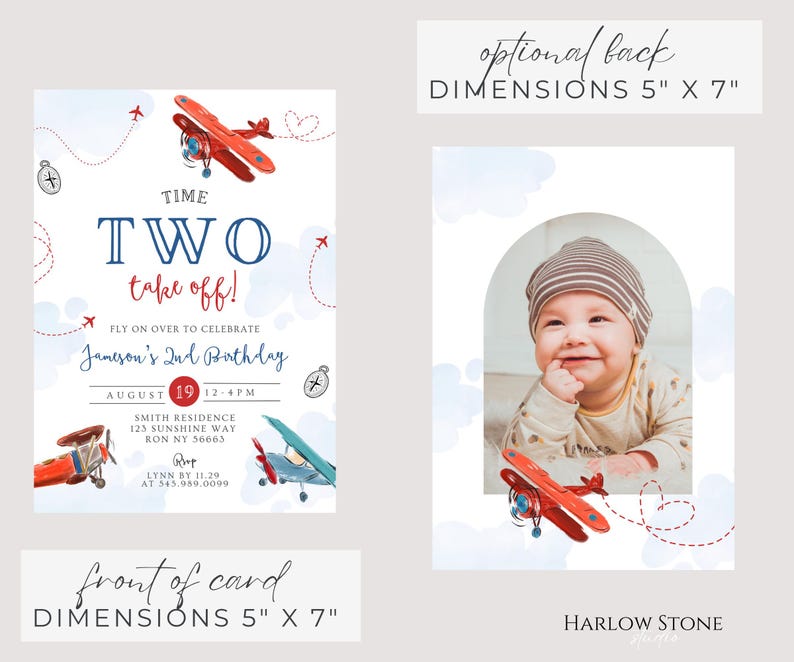 May include: A two-sided birthday invitation with a red and blue airplane theme. The front features text that reads "TIME TWO take off!" and "Jameson's 2nd Birthday." The back has a photo of a baby. Dimensions are 5" x 7".