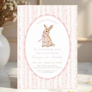 Coquette Vintage Pink Bow Bunny Birthday invitation, Some bunny is turning one Invite, First Birthday, Boho, Floral, Bunny 1st Birthday 701 image 1