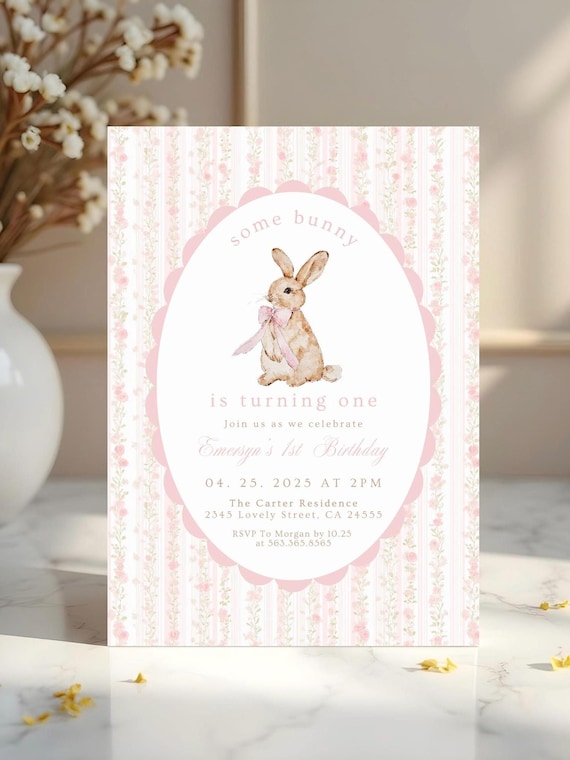 Coquette Vintage Pink Bow Bunny Birthday invitation, Some bunny is turning one Invite, First Birthday, Boho, Floral, Bunny 1st Birthday 701
