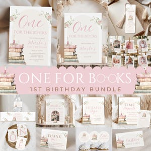 May include: A collection of party decorations with a "One for the Books" theme. The bundle includes signs, tags, and labels with floral and book illustrations in pink and white. The text includes "Marla's First Birthday".