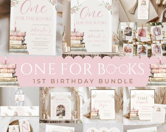 Pode incluir: Uma coleção de decorações de festa com o tema "One for the Books". O pacote inclui sinais, etiquetas e crachás com ilustrações florais e de livros em rosa e branco. O texto inclui "Marla's First Birthday".