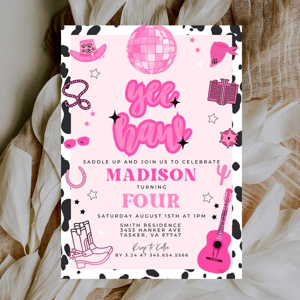 Editable Space Cowgirl Birthday Party Invitation Pink Disco Cowgirl Party Nashville Rodeo Birthday Party Any Age Party Instant Download 724I