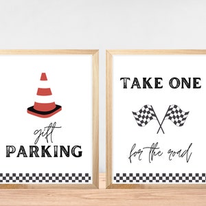Borden racewagenfeest, bewerkbare racedecoraties, Take One For The Road, bord cadeauparkeren, tafeldecoratie autoverjaardag, gunsten 708ES2