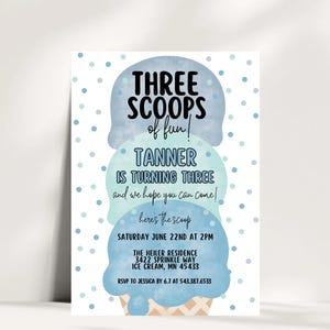 Editable Ice Cream Truck Three Scoops Of Fun 3rd Birthday Party Invitation Ice Cream 3rd Birthday Three Scoops Of Fun Instant Download 548F