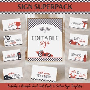 Etiquetas para carpa de comida de carreras, plantilla editable, cumpleaños de carreras rojas, Fast One, etiquetas de comida, letrero editable, letrero para tarjetas y regalos, 708TC