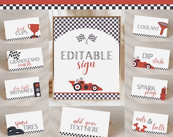 Racecar Food Tent Labels, Editable Template, Red Racecar Birthday, Fast One, Food Labels, Editable Sign, Cards & Gifts Sign, 708TC