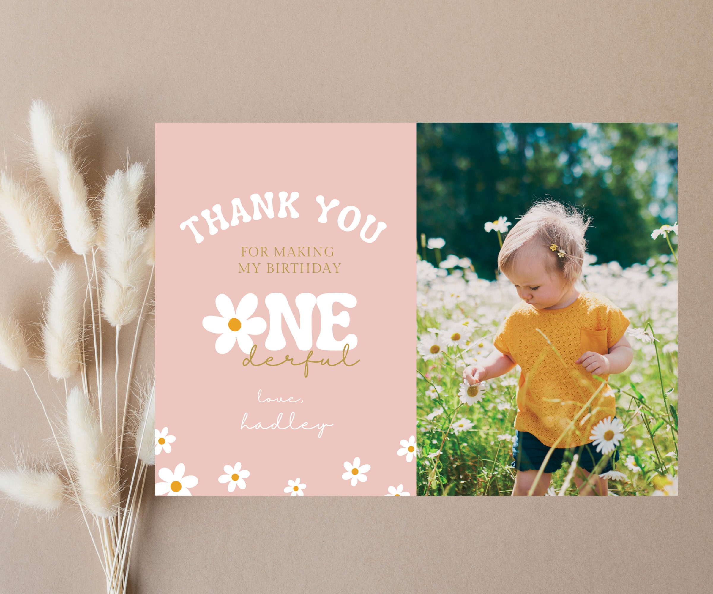 Editable Daisy Birthday Party Thank You Card Boho Little Miss One ...