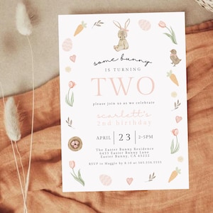 Bunny Birthday Invitation Template, Somebunny is Turning Two Editable Invitation, Girl Second Birthday Invite, Printable Invite, 024C
