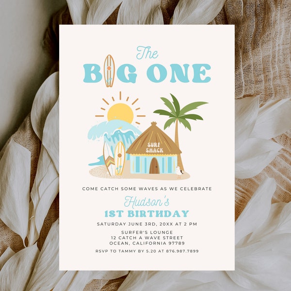 The Big One Invitation, 1st Birthday Invite Template, Surf Beach Theme, Surfs Up, Boy or Girl Bday Party, Kids, Digital Download 701