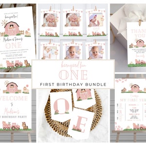Farm Birthday Bundle, Girl 1st Birthday Invite, Barnyard Bash, Farm Birthday Invitation, Printable Farm Birthday Template, Bundle 013K