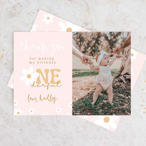 Carte de remerciement modifiable pour fête d'anniversaire Marguerite Boho Little Miss One-derful Party Boho Daisy Floral Onederful Téléchargement instantané 100TY2