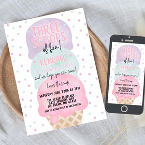 Editable Ice Cream Truck Three Scoops Of Fun 3rd Birthday Party Invitation Ice Cream 3rd Birthday Three Scoops Of Fun Instant Download 549B