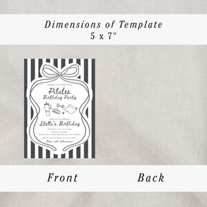 Puede incluir: Una plantilla de invitaci&oacute;n en blanco y negro, 12,7 x 17,8 cm, para una fiesta de cumplea&ntilde;os de Pilates. La parte delantera de la invitaci&oacute;n presenta un fondo a rayas con un borde decorativo y texto. La parte posterior est&aacute; en blanco. La invitaci&oacute;n incluye el texto "Stella's Birthday".