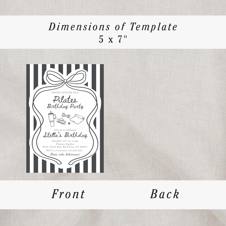 Puede incluir: Una plantilla de invitaci&oacute;n en blanco y negro, 12,7 x 17,8 cm, para una fiesta de cumplea&ntilde;os de Pilates. La parte delantera de la invitaci&oacute;n presenta un fondo a rayas con un borde decorativo y texto. La parte posterior est&aacute; en blanco. La invitaci&oacute;n incluye el texto "Stella's Birthday".