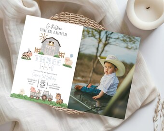 Editable 3rd Birthday Farm Invitation, Three I-E-I-O, Farmer Birthday Invitation, 3rd Birthday Invitation, Oink Cluck Baa Moo, Tractor 096AP