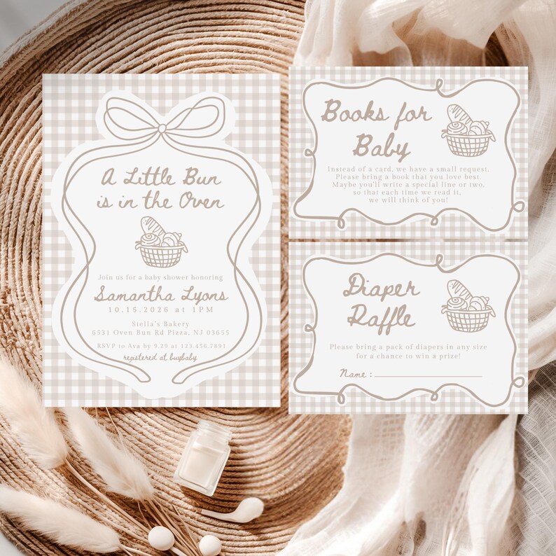 May include: Baby shower invitations and inserts with a tan and white gingham pattern. The main invitation reads "A Little Bun is in the Oven" with event details. Additional cards request books and a diaper raffle.
