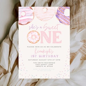 Editable Donut Birthday Invitation Template Printable Sweet One Birthday Invite Pink Baby Girl First Birthday Invite 1st Donut Grow Up 716