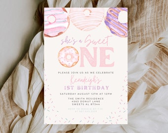 Editable Donut Birthday Invitation Template Printable Sweet One Birthday Invite Pink Baby Girl First Birthday Invite 1st Donut Grow Up 716