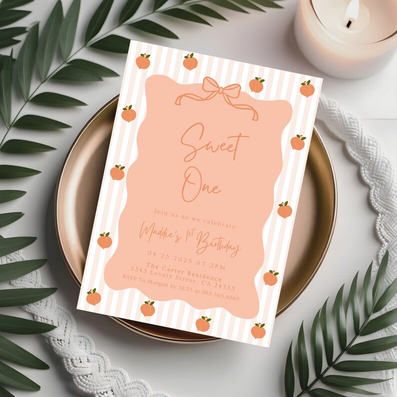 Invitación de cumpleaños con melocotón dibujado a mano, Dulce como un melocotón, Plantilla de invitación, Es una dulzura, Primer cumpleaños de melocotón, Verano caprichoso 704A imagen 4