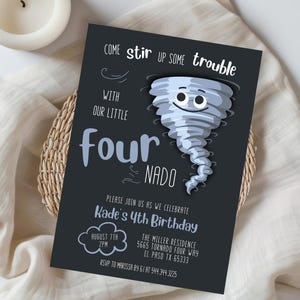 Boy FOURnado Birthday Party Invitation | Storm Weather Party Invitation | Instant Editable Template | Fourth Birthday Invite Blue 519C