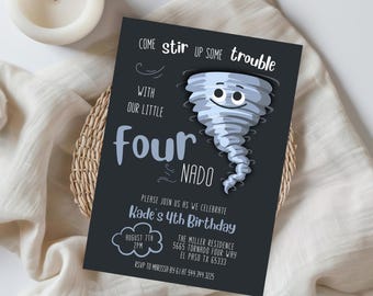 Boy FOURnado Birthday Party Invitation | Storm Weather Party Invitation | Instant Editable Template | Fourth Birthday Invite Blue 519C