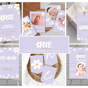 May include: A set of printable first birthday party decorations featuring a purple and white daisy theme. The set includes a welcome sign, a banner, a thank you tag, and a first year milestone poster. The text on the decorations says "One Derful" and includes the name "Kendall's".