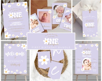 Editable Daisy Birthday Party Invitation Boho Little Miss One-derful 1st Birthday Bohemian Daisy Floral Groovy Party Bundle Download 101C