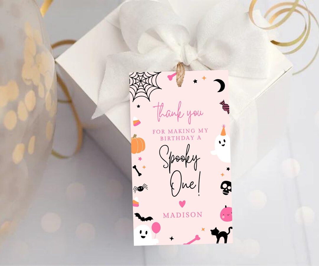 Cute Pink Ghost 1st Birthday Favor Tags Spooky 1st Birthday Editable ...