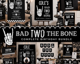 Bad TWO The Bone 2nd Birthday Party Invitation, Instant Download, Skeleton Hand Bundle,  Editable Halloween Boy 2nd Birthday 532B