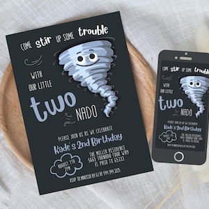 Tornado Birthday Party Invitation, Storm Chaser Second Birthday Two-nado Kids Party, Boys Twister Birthday Invite,DIY EDITABLE Template 519D