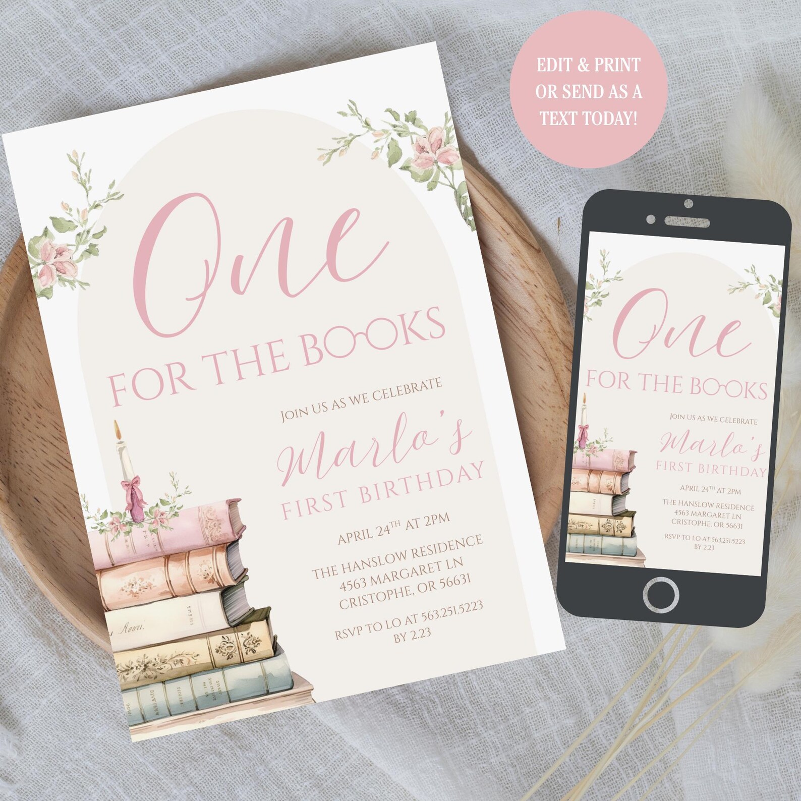 One for the Books, Pink Book First Birthday Invitation, Book Themed ...