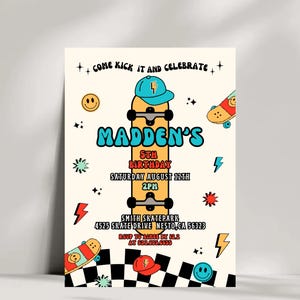 Skateboard Birthday Invitation, Boy Birthday Invite Skate Party Skateboard Retro Checker Smiley Face Editable ANY AGE birthday Template 806A