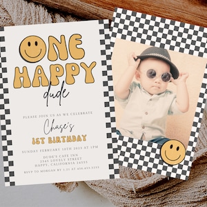 One Happy Dude Birthday Invite Template, Smiley Face Instant Download Invite, Boy 1st Birthday Invitation, Smiley Face, Canva Template 726A