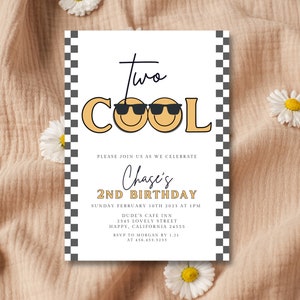 Two Cool Invite Boy, Smile Face Birthday Invitation, Smiley Birthday 2nd Invitation, Two Cool Checkered Invitation, Boy 2nd Birthday  726F