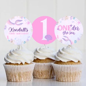 Editable Oneder The Sea Mermaid Cupcake Toppers, Mermaid Birthday Cake Toppers Template Mermaid Birthday Instant Download 707CT
