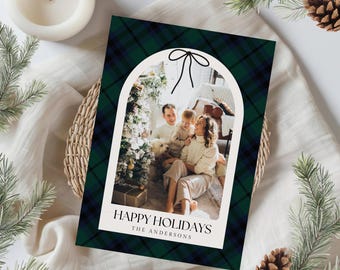 Navy Green Plaid Christmas Card Template, Tartan Holiday Photo Card, Classic Preppy Christmas Canva Template | Editable Printable Card 400K9