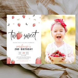 Strawberry Second birthday Invitation Two Sweet Berry 2nd Birthday Invitation Birthday Party Watercolor Strawberries Instant Download 711DP
